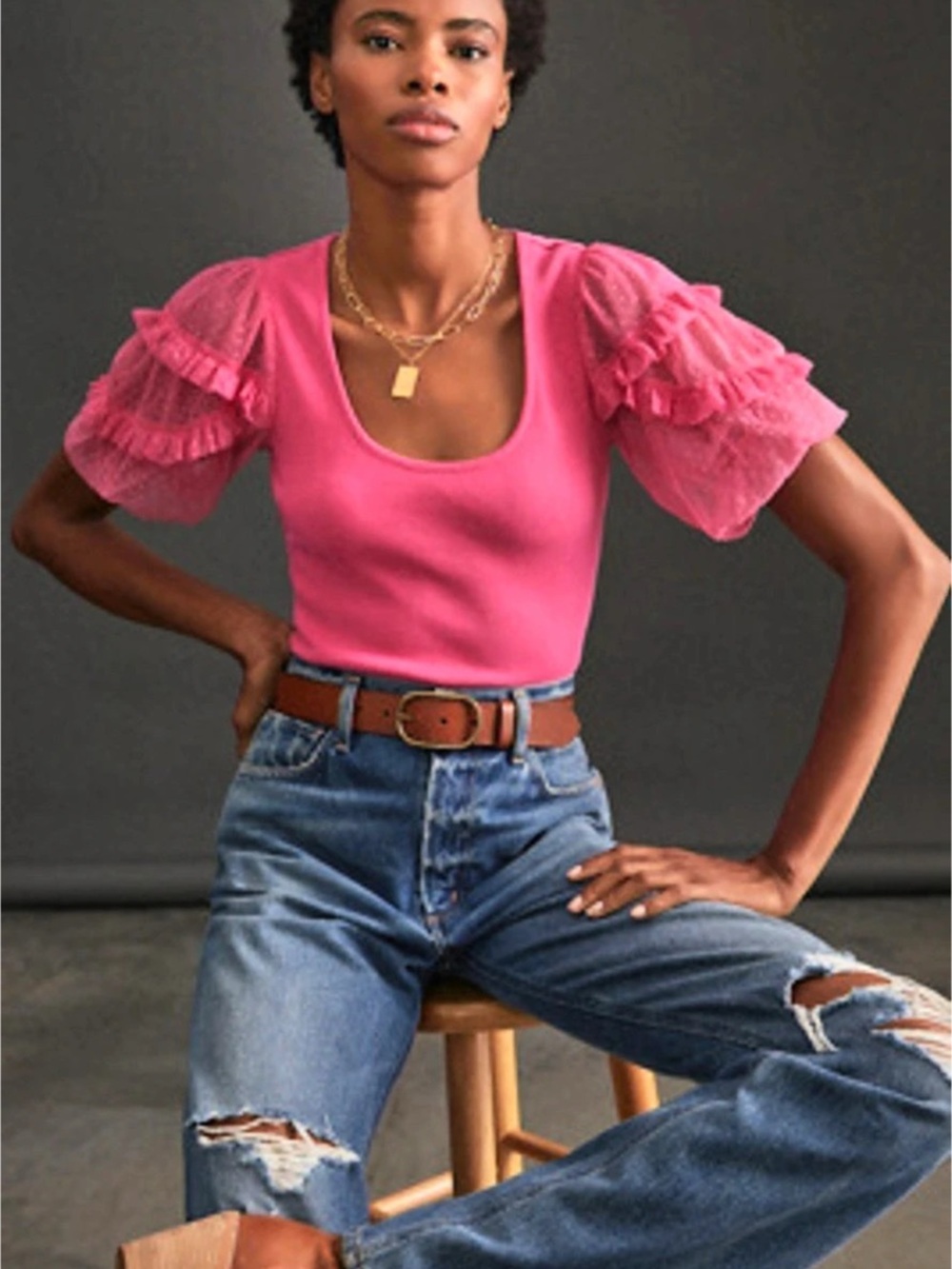 Maeve Ruffle Puff Sleeve Top in Pink Size Medium Like New